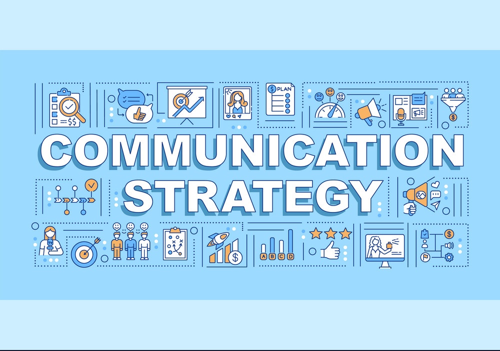 Communication strategy word concepts banner. Business management. Relationship. Infographics with linear icons on blue background. Isolated typography. Vector outline RGB color illustration